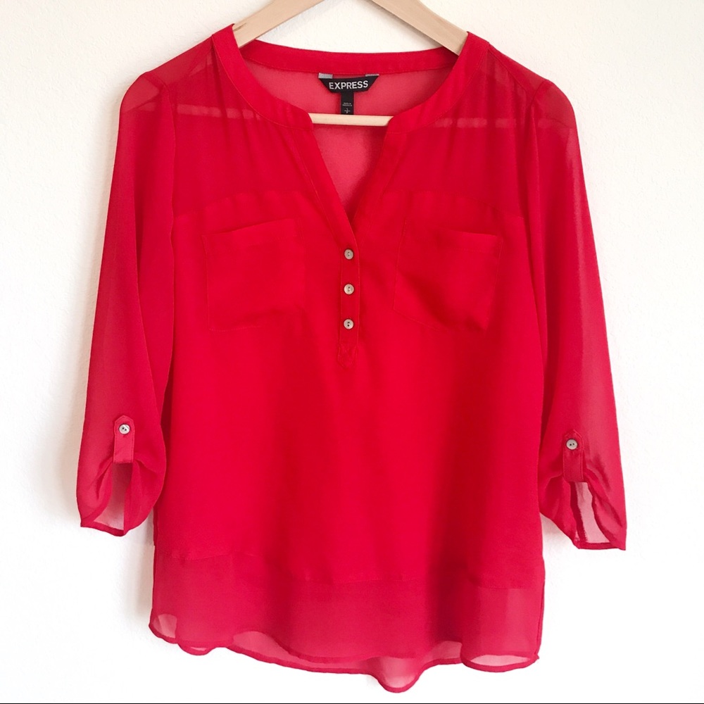 Express Red 3/4 Sleeve Partially Sheer Blouse - S